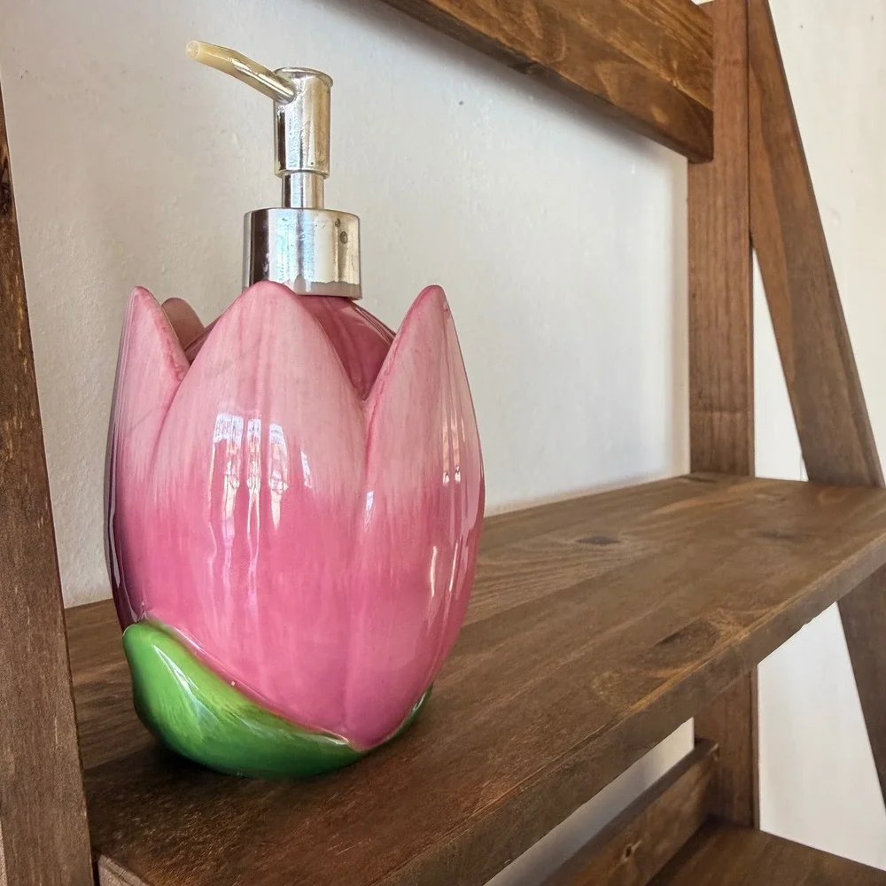 Vintage Avon RARE Pink Tulip Ceramic Soap Dispenser Sponge Holder Floral Decor